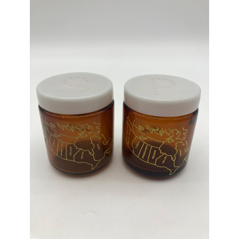 Vintage Amber Glass Map of Canada Salt Pepper Shakers White Plastic Caps Pair
